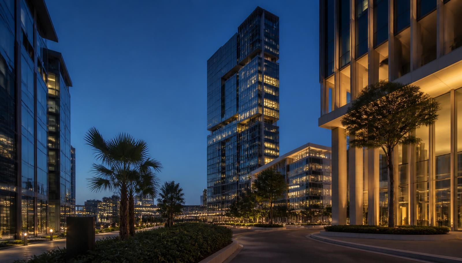 Dubai International Financial Centre towers at blue hour