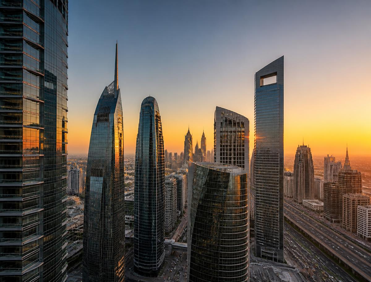 Dubai financial district skyline at golden hour